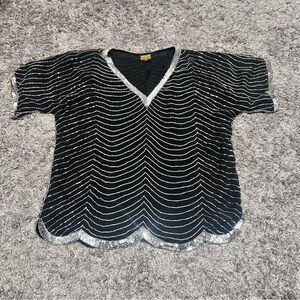 Vintage Silk Beaded and Sequin Blouse Maximalist V Neck Blingy Flapper 20’s